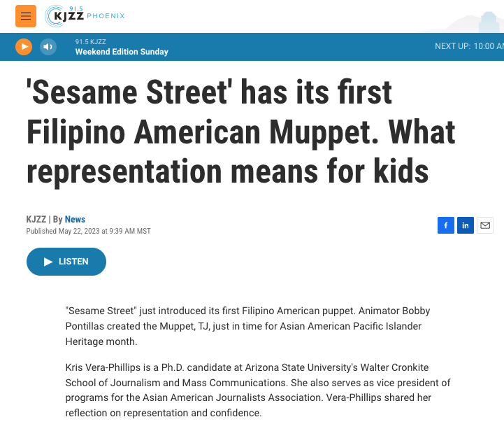 Screen capture of Sesame Street essay on KJZZ by Kris Vera-Phillips