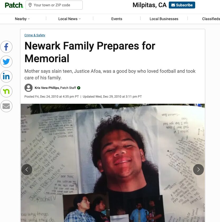 Newark Patch story on Justice Afoa's memorial by Kris Vera-Phillips.